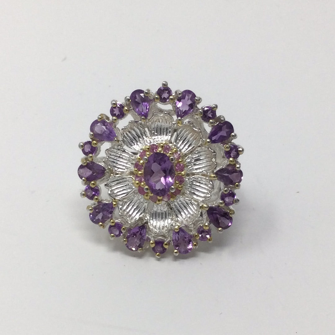 Genuine Amethyst & Pink Tourmaline Ring