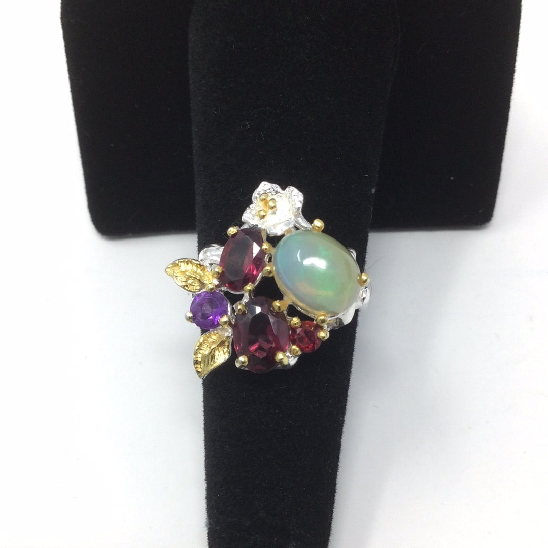 Genuine Opal, Garnets & Amethyst Ring