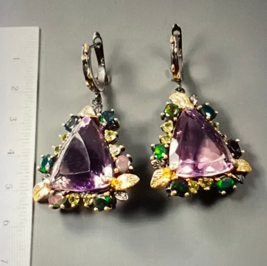 Genuine Amethyst & Black Opal Earrings