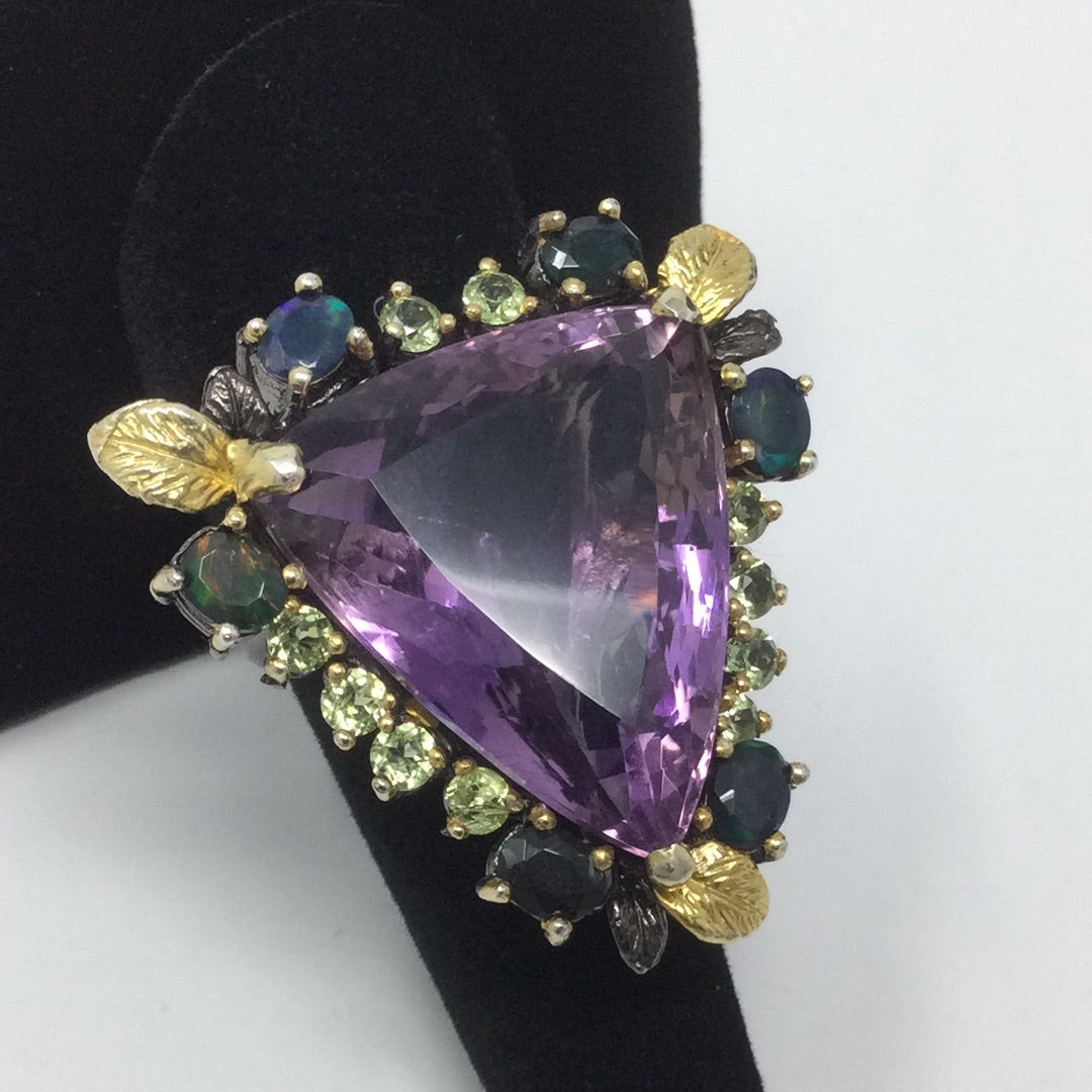 Genuine Amethyst & Black Opal Trillion Cut Ring