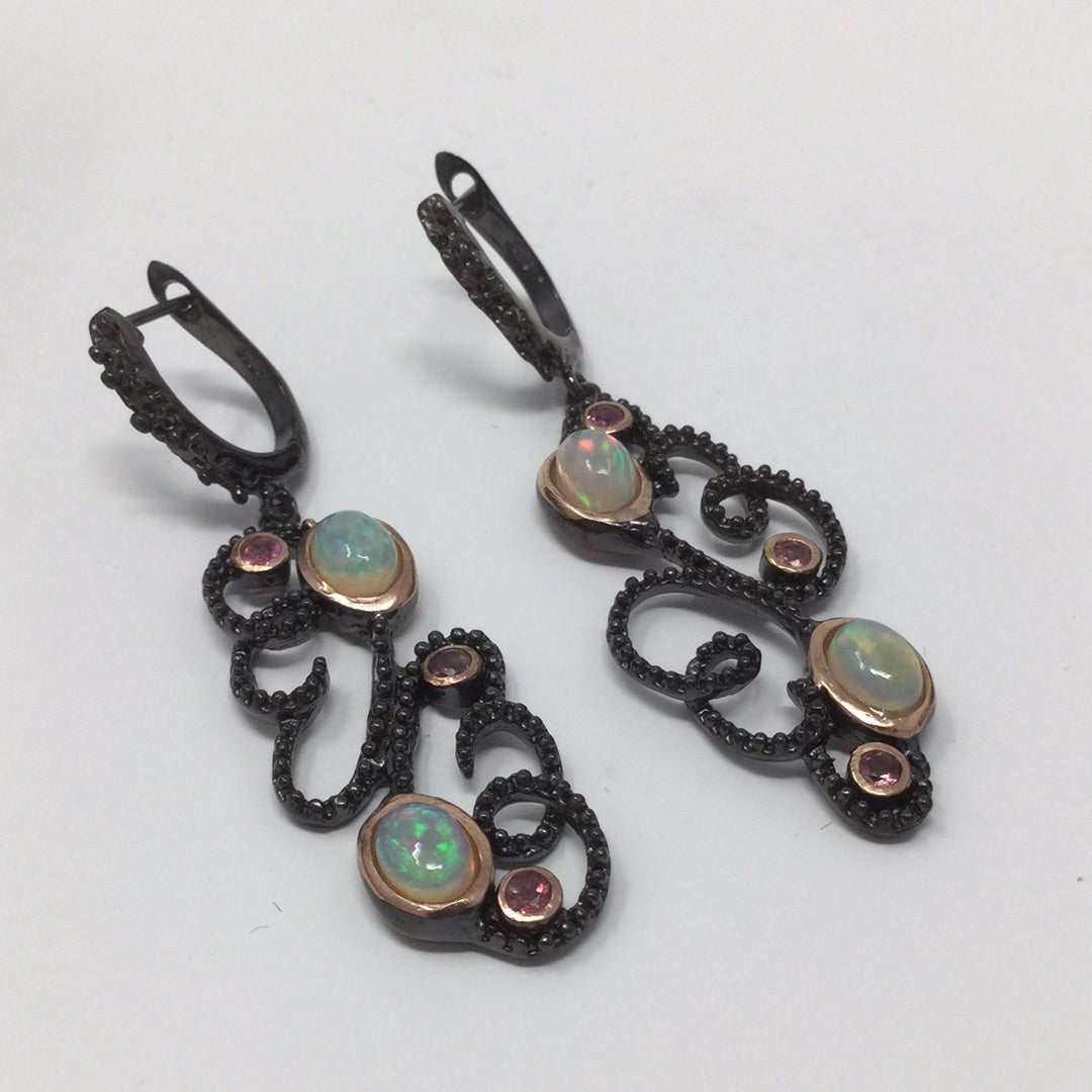Genuine Fiery Opal & Pink Tourmaline Earrings