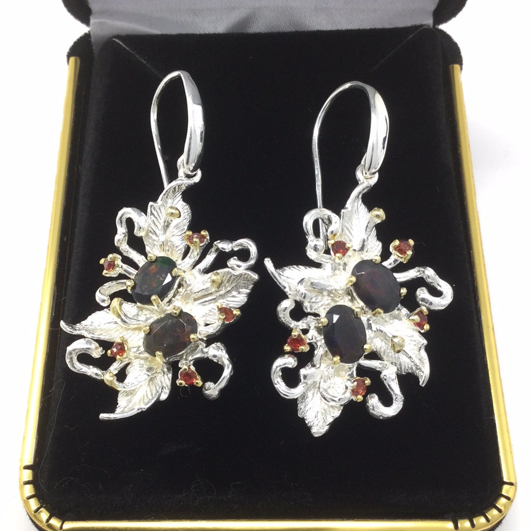 Genuine Black Opals and Garnet Earrings