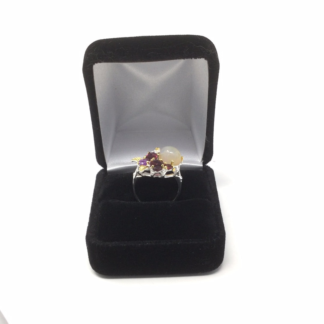 Genuine Opal, Garnets & Amethyst Ring