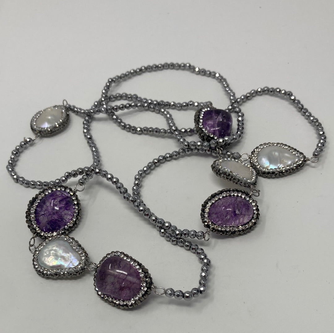 Genuine Amethysts & Baroque Pearls Necklace