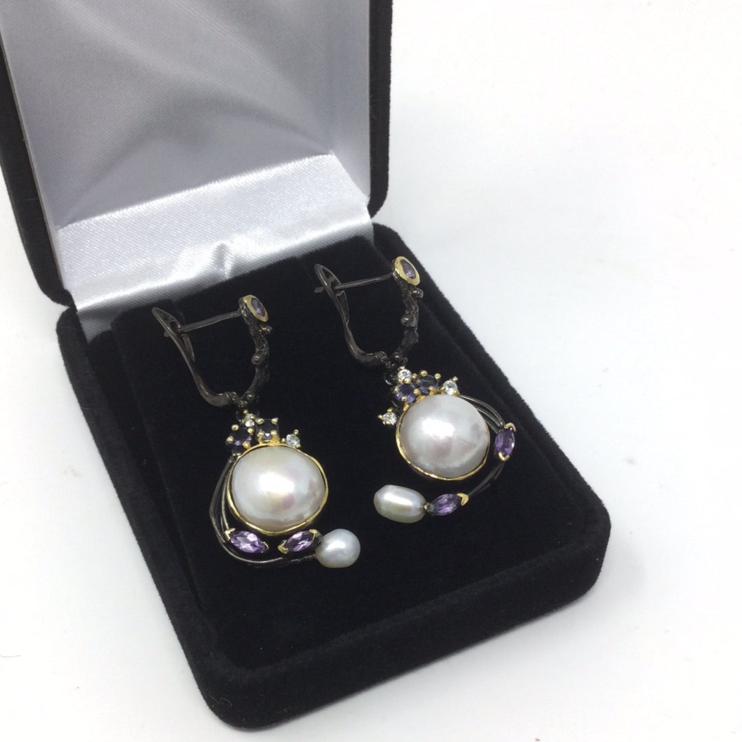 Genuine Pearl & Tanzanite Earrings