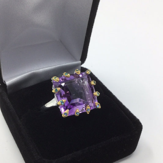 Square Faceted Cut Genuine Amethyst Ring