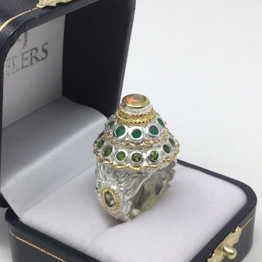 Voluptuous Genuine Fiery Opal, Russian Chrome Diopside Bejeweled Dome Ring
