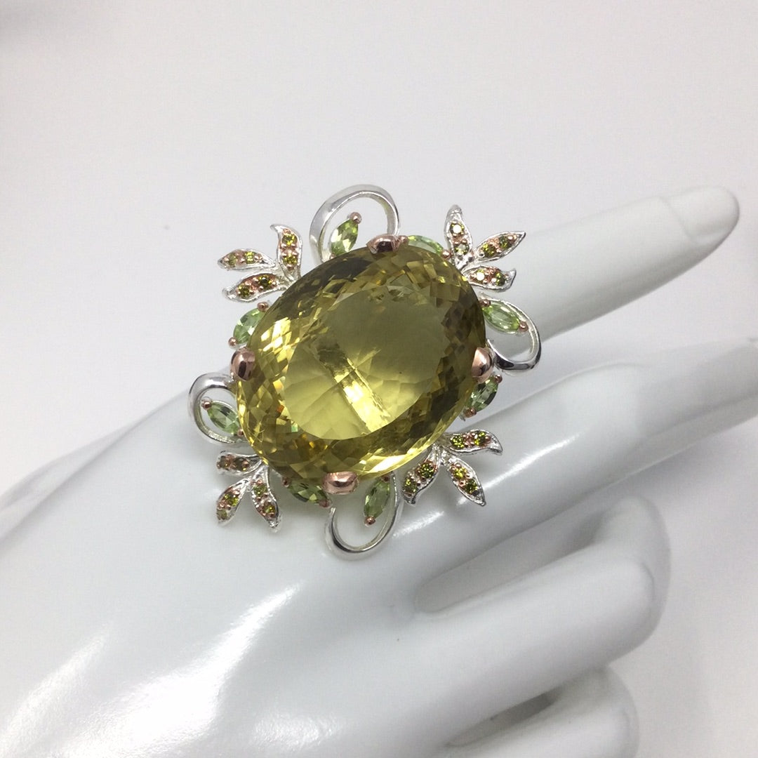 Huge Genuine Lemon Quartz with Peridot Ring