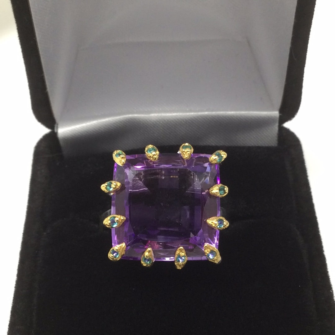 Square Faceted Cut Genuine Amethyst Ring