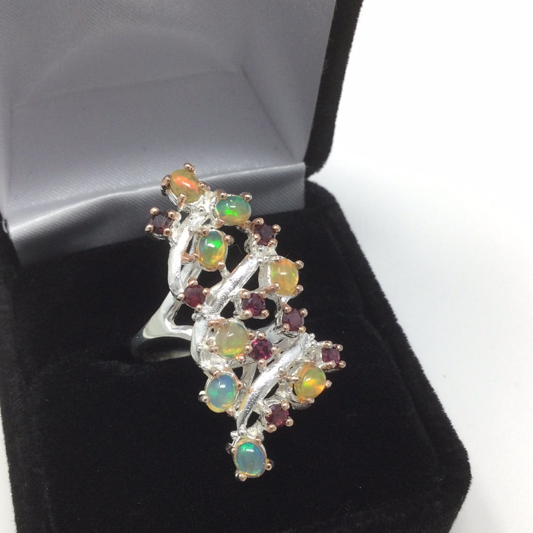 Mesmerizing Genuine Fiery Opals & Garnet Ring