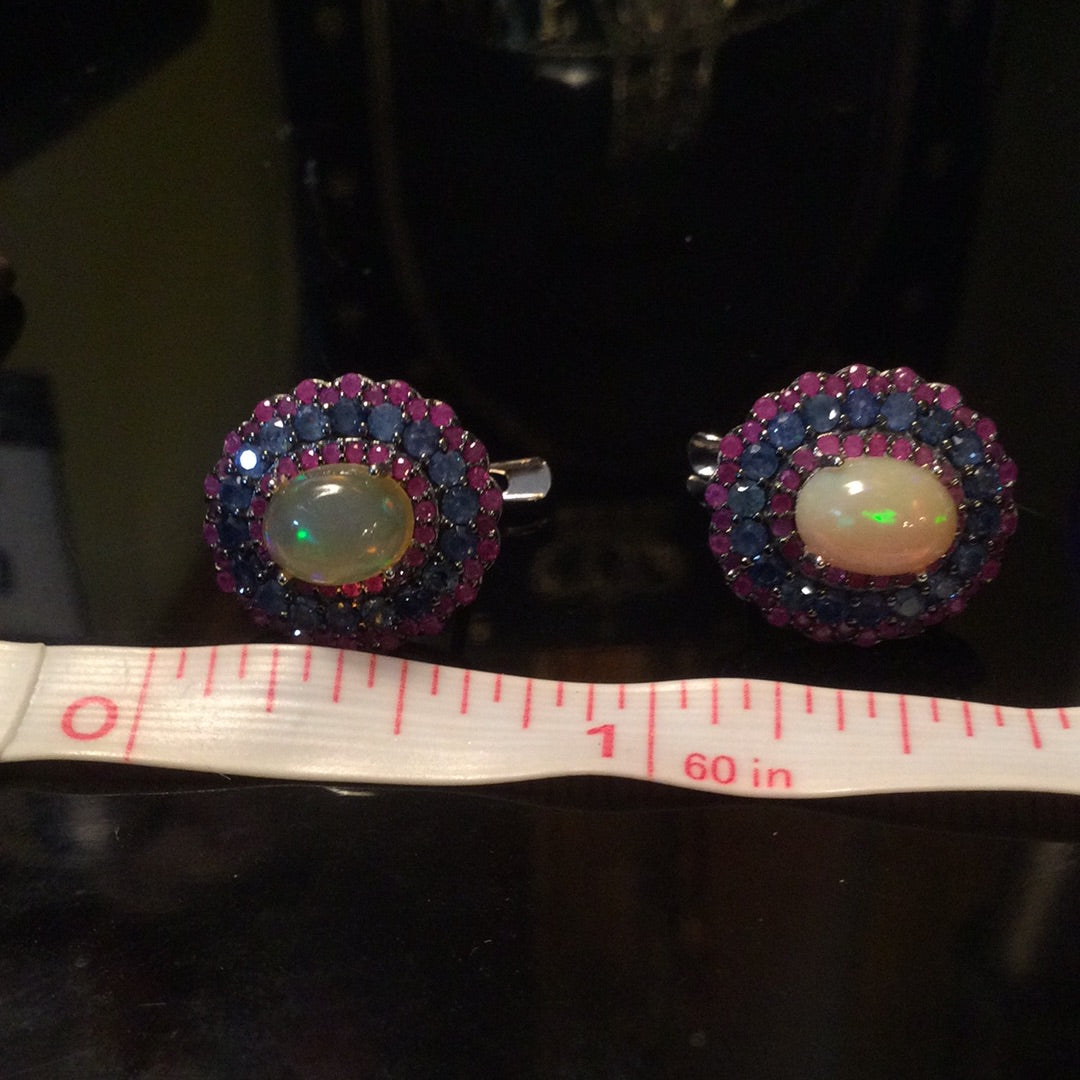 Genuine Fiery Opal, Sapphire & Rubies Earrings