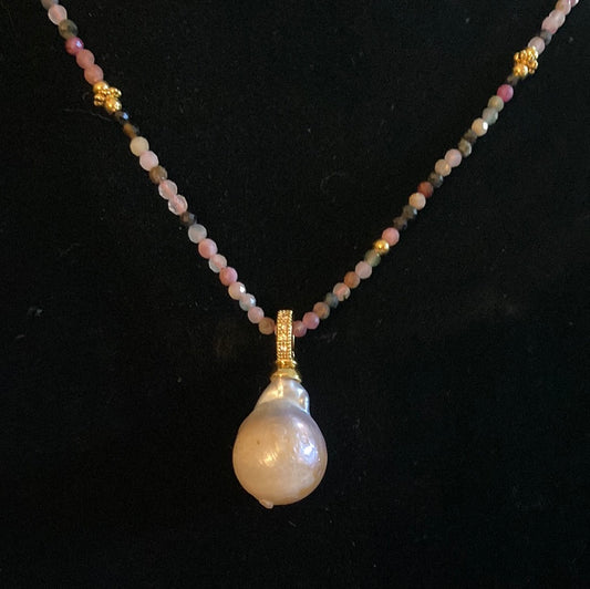 Genuine Baroque Pearl Necklace with Tourmalines