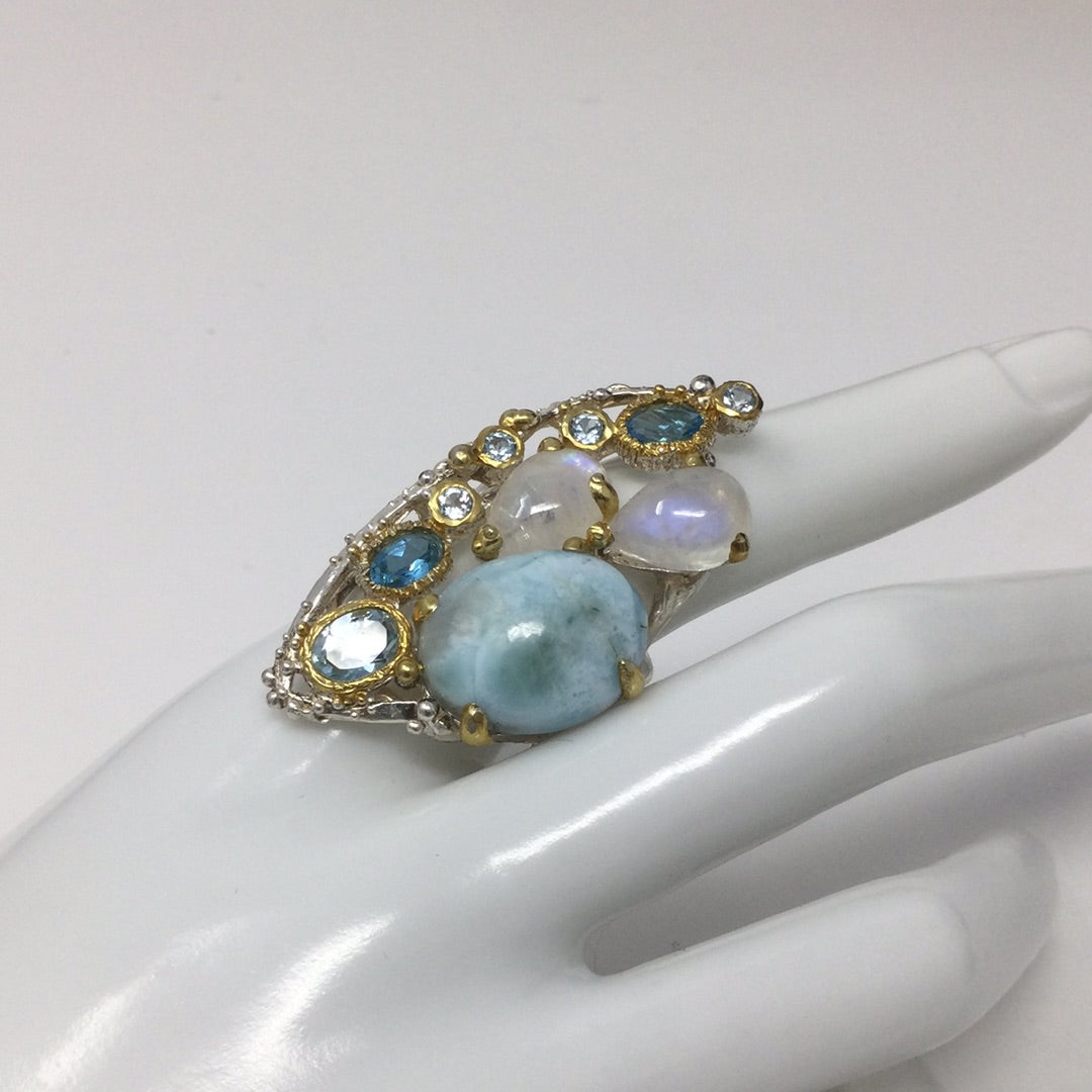 Genuine Larimar, Moonstones & Topaz Ring