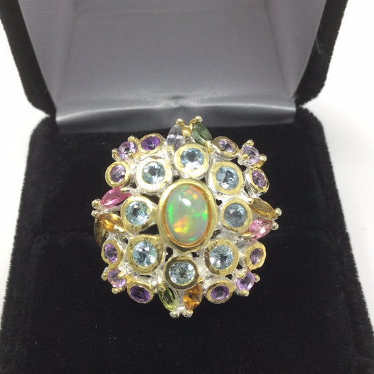 Exquisite Genuine Tourmalines & Opal Ring