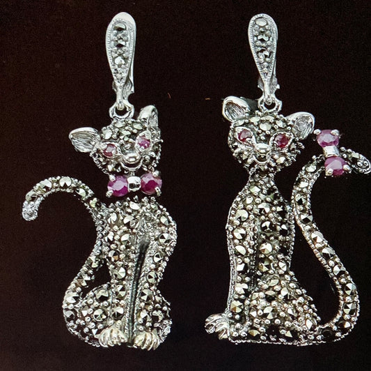Unique Cat Earrings with Genuine Rubies