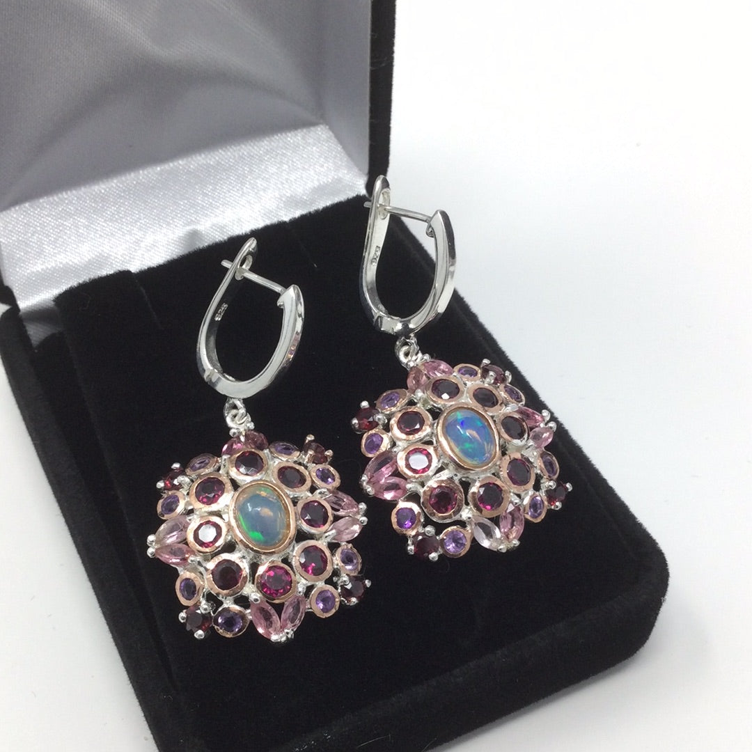 Genuine Opal, Tourmalines & Garnet Earrings