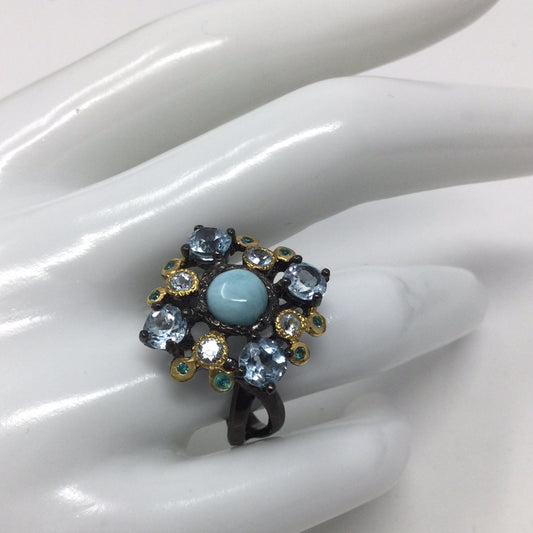 Genuine Larimar & Topaz Ring