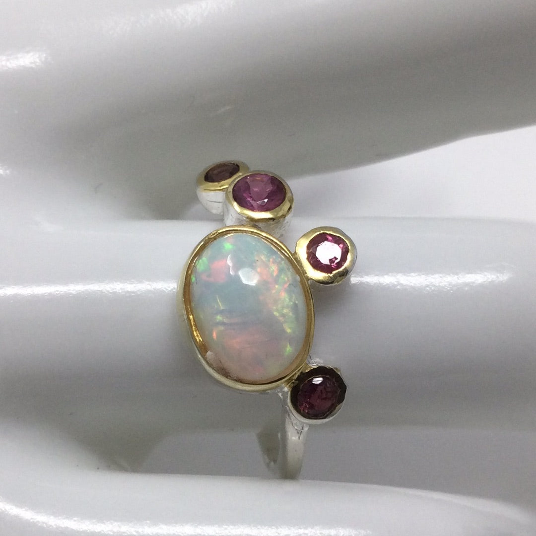 Genuine Opal & Pink Tourmalines Ring