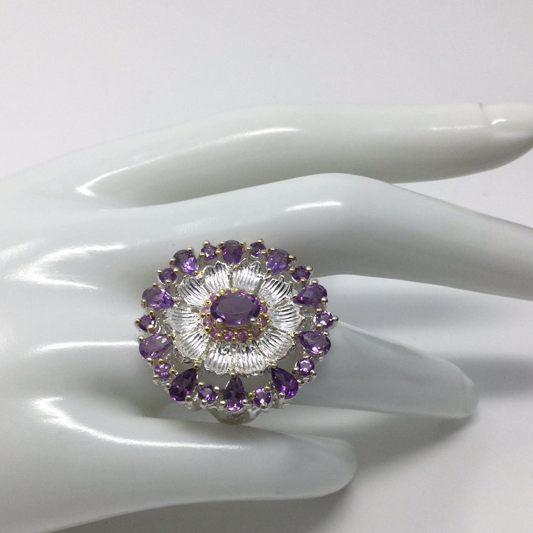 Genuine Amethyst & Pink Tourmaline Ring