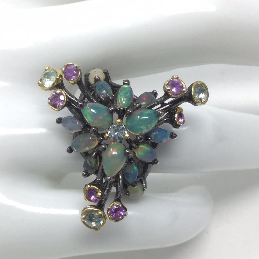 Galaxy of Genuine Opals, Amethyst & Topaz Ring