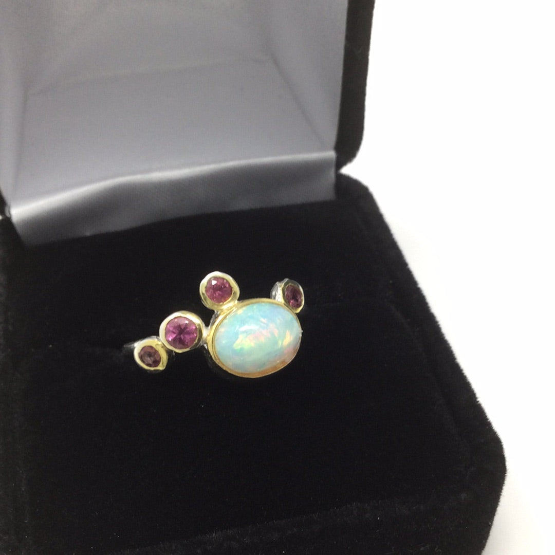 Genuine Opal & Pink Tourmalines Ring