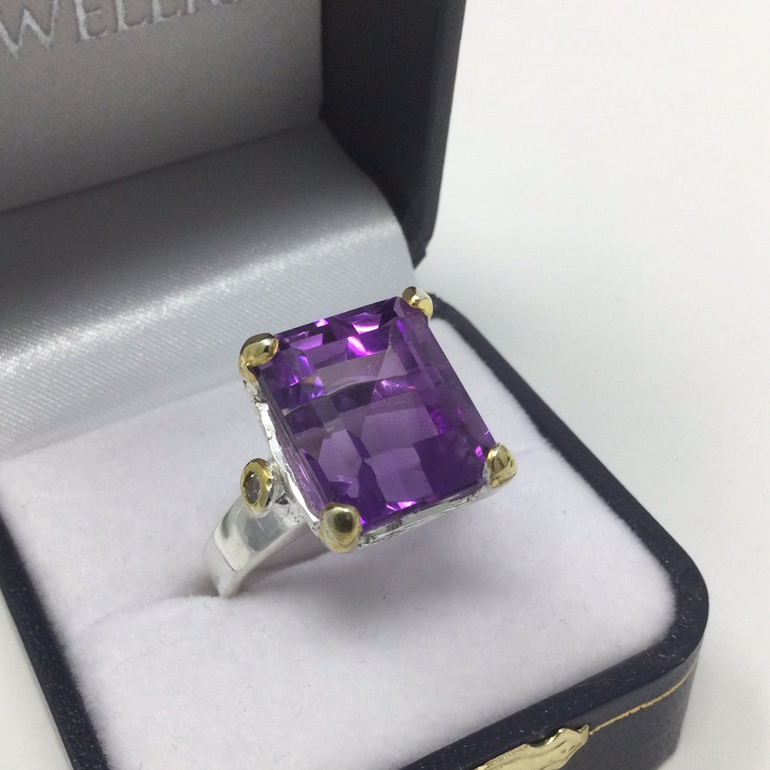 Classy Genuine Emerald Cut Amethyst Ring