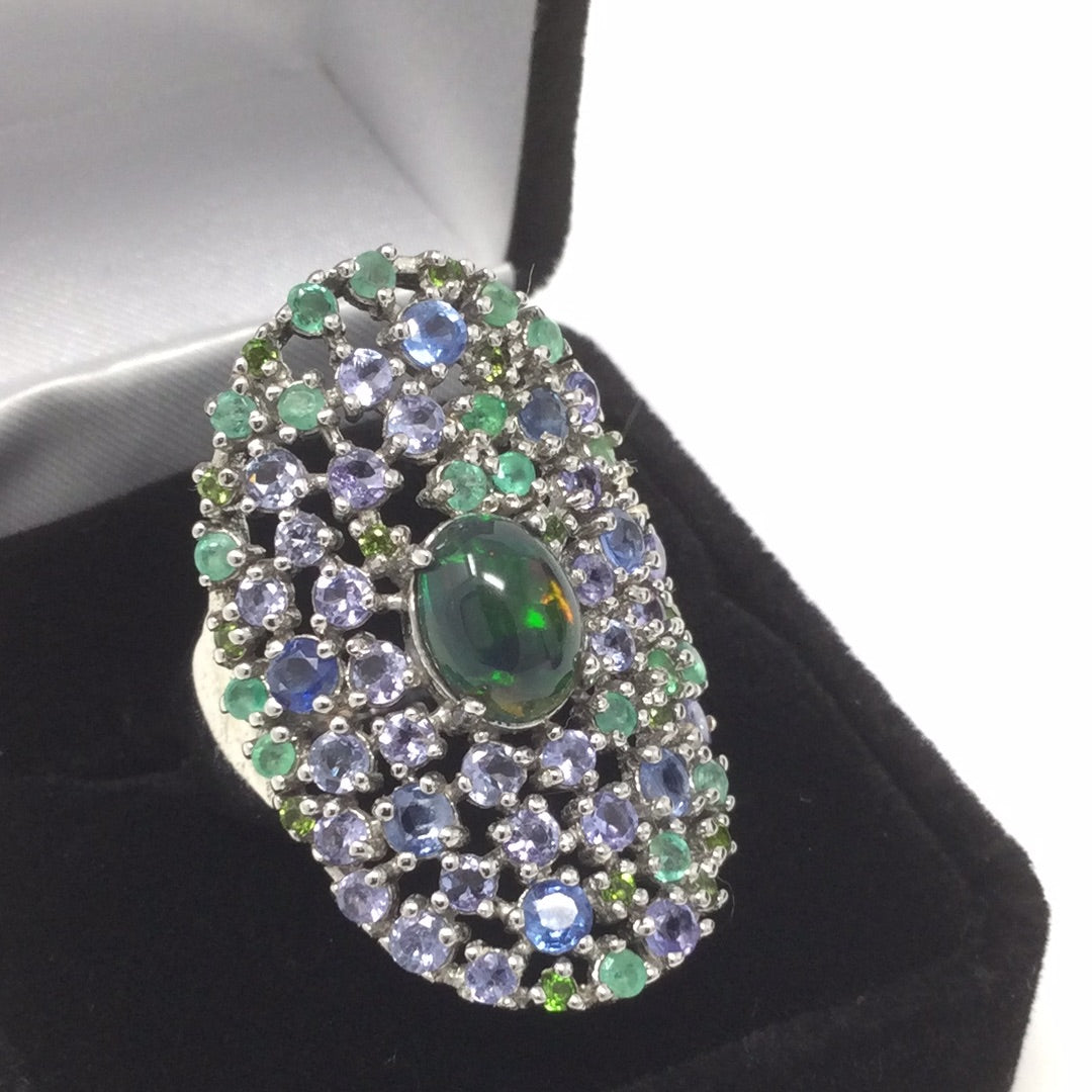 Rare Genuine Black Opal, Tanzanite & Emerald   Ring