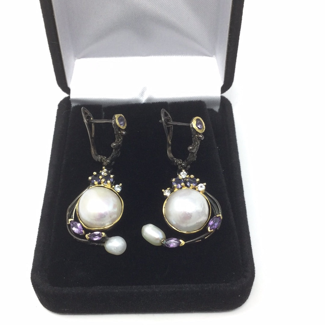 Genuine Pearl & Tanzanite Earrings