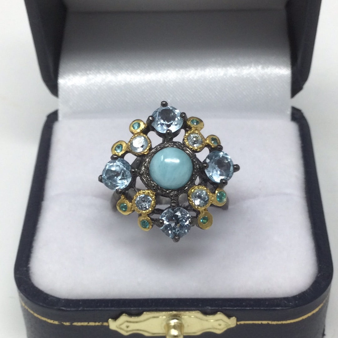 Genuine Larimar & Topaz Ring