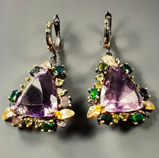 Genuine Amethyst & Black Opal Earrings