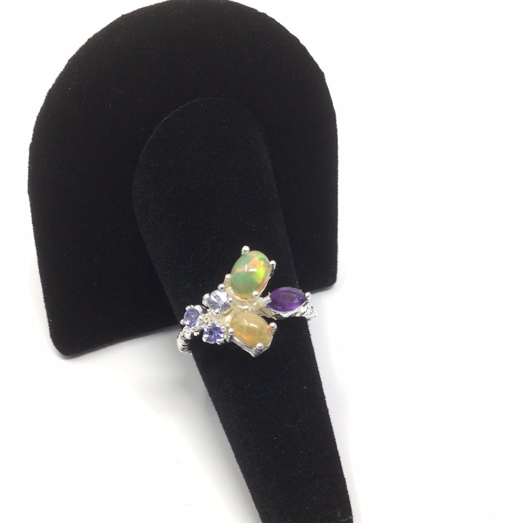 Genuine Opals, Tanzanites & Amethyst Ring