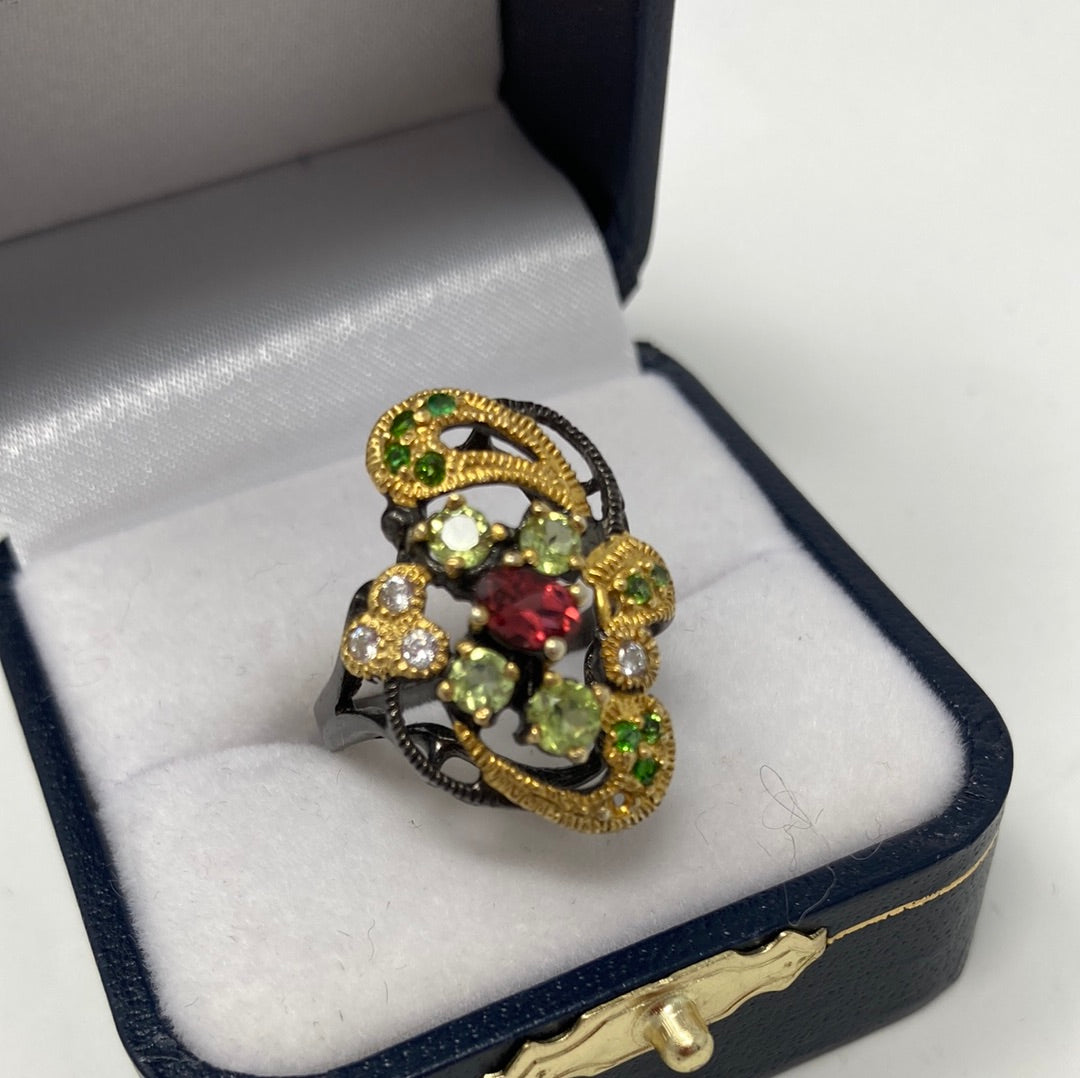 Genuine Garnet and Peridot Ring