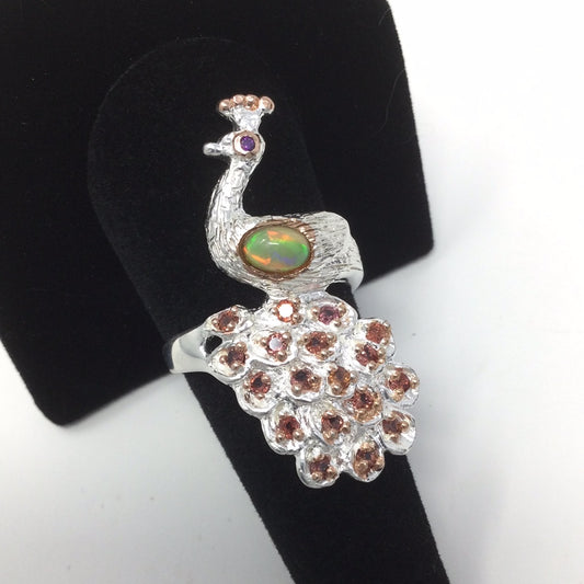Endearing Genuine Opal & Garnet Peacock Ring