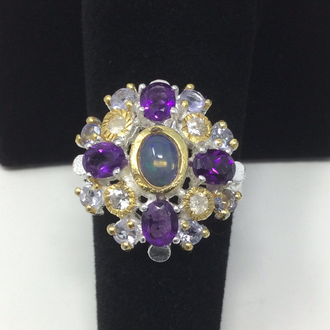 Genuine Opal, Tanzanite & Amethyst Ring