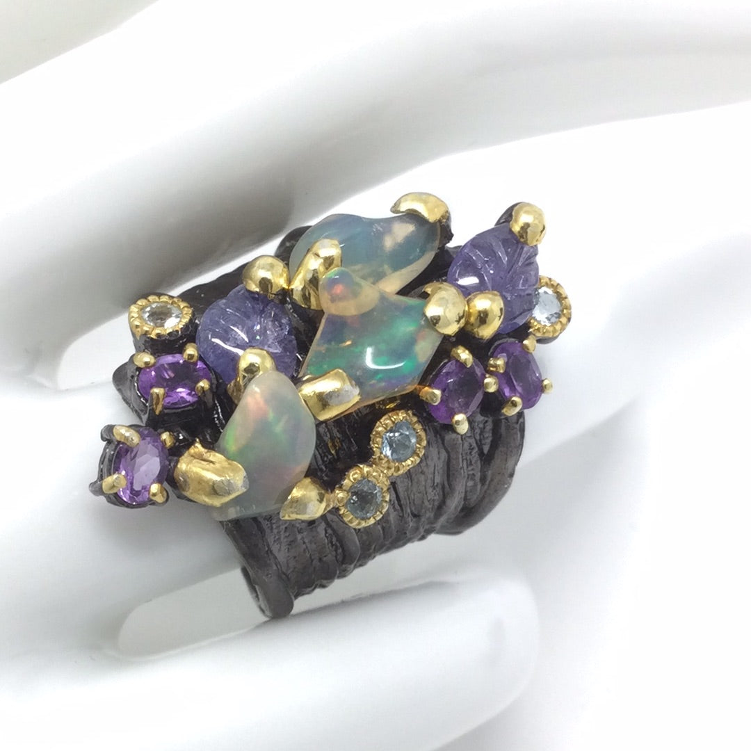 Genuine Fiery Opals, Tanzanite & Amethyst Ring