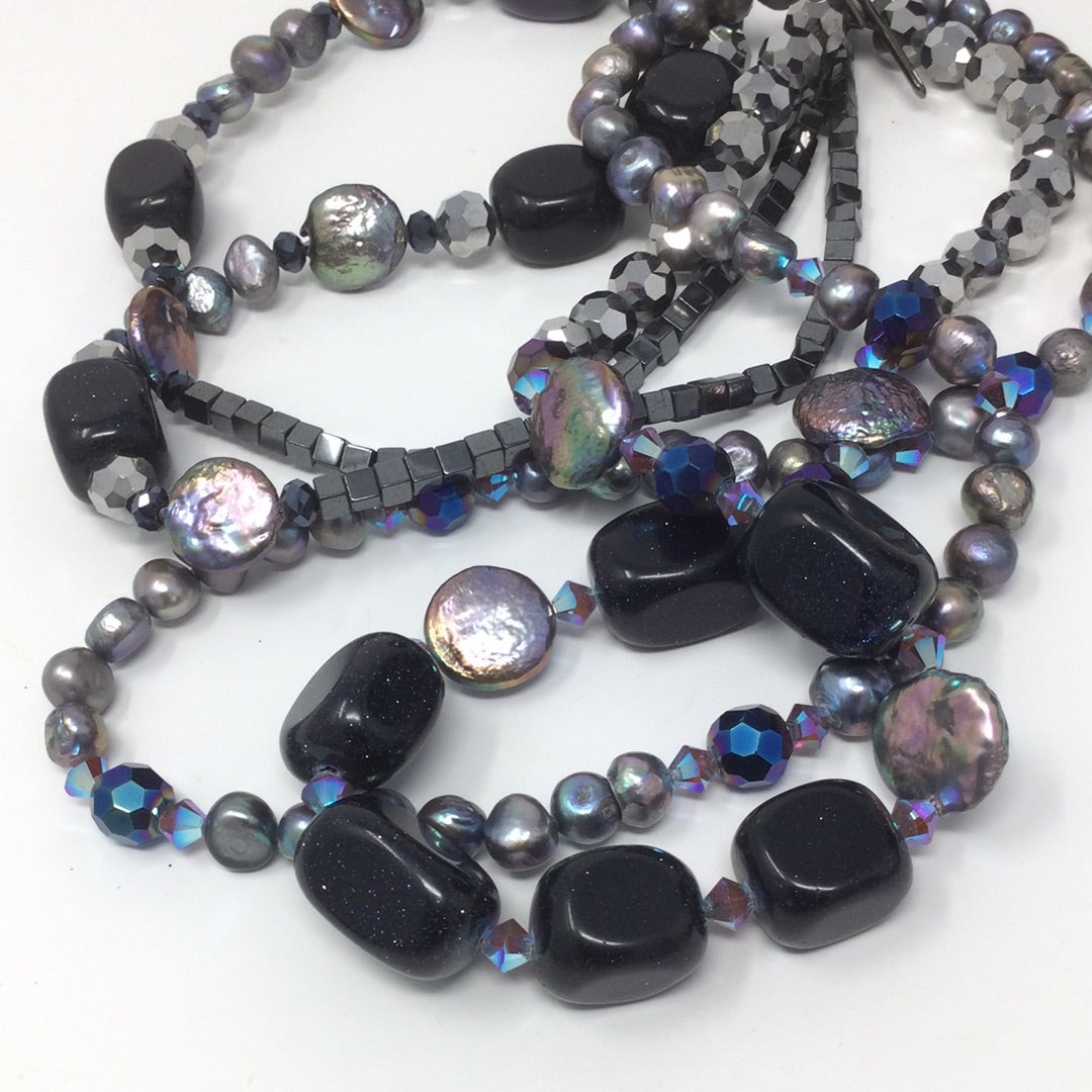 Starry Night Blue Goldstone & Freshwater Pearl Necklace | Handmade Artist Orginal