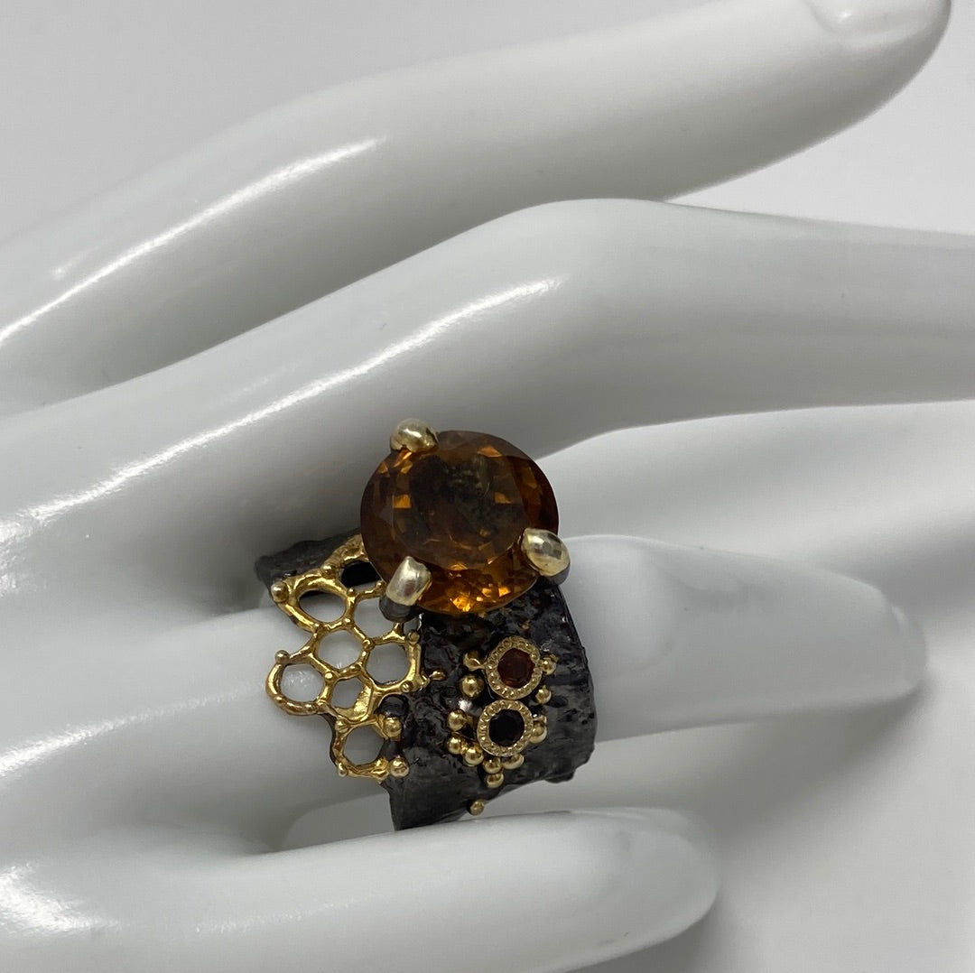 Genuine Cognac Quartz & Garnet Ring