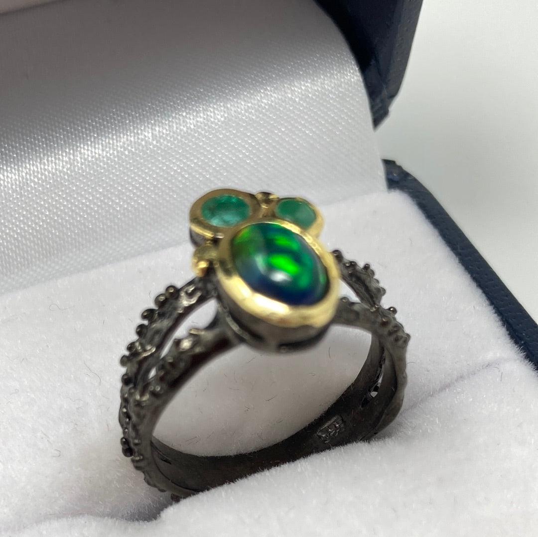 Genuine Black Opal & Emerald Ring