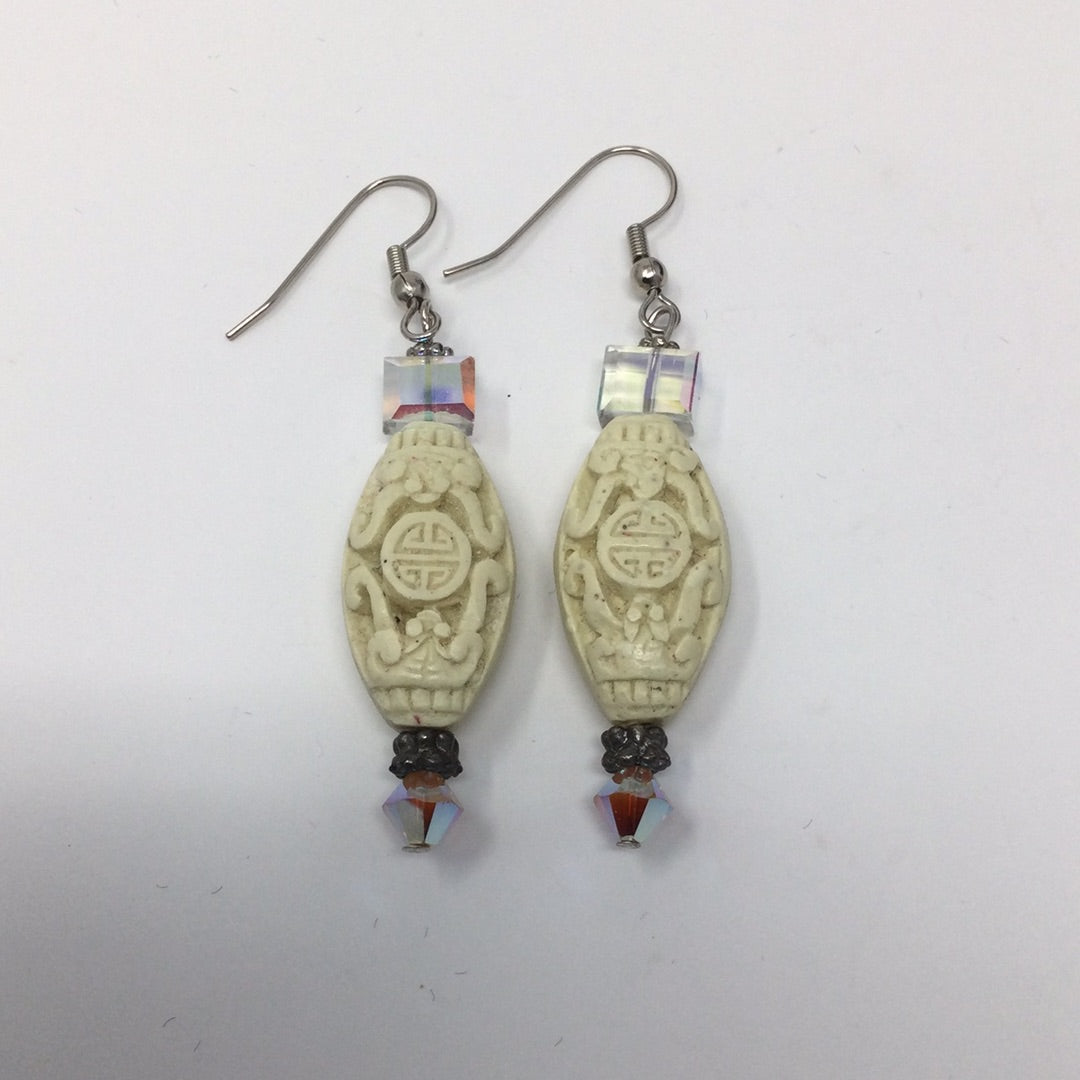 Custom Made Ivory Cinnabar & Swarovski Crystal Earrings