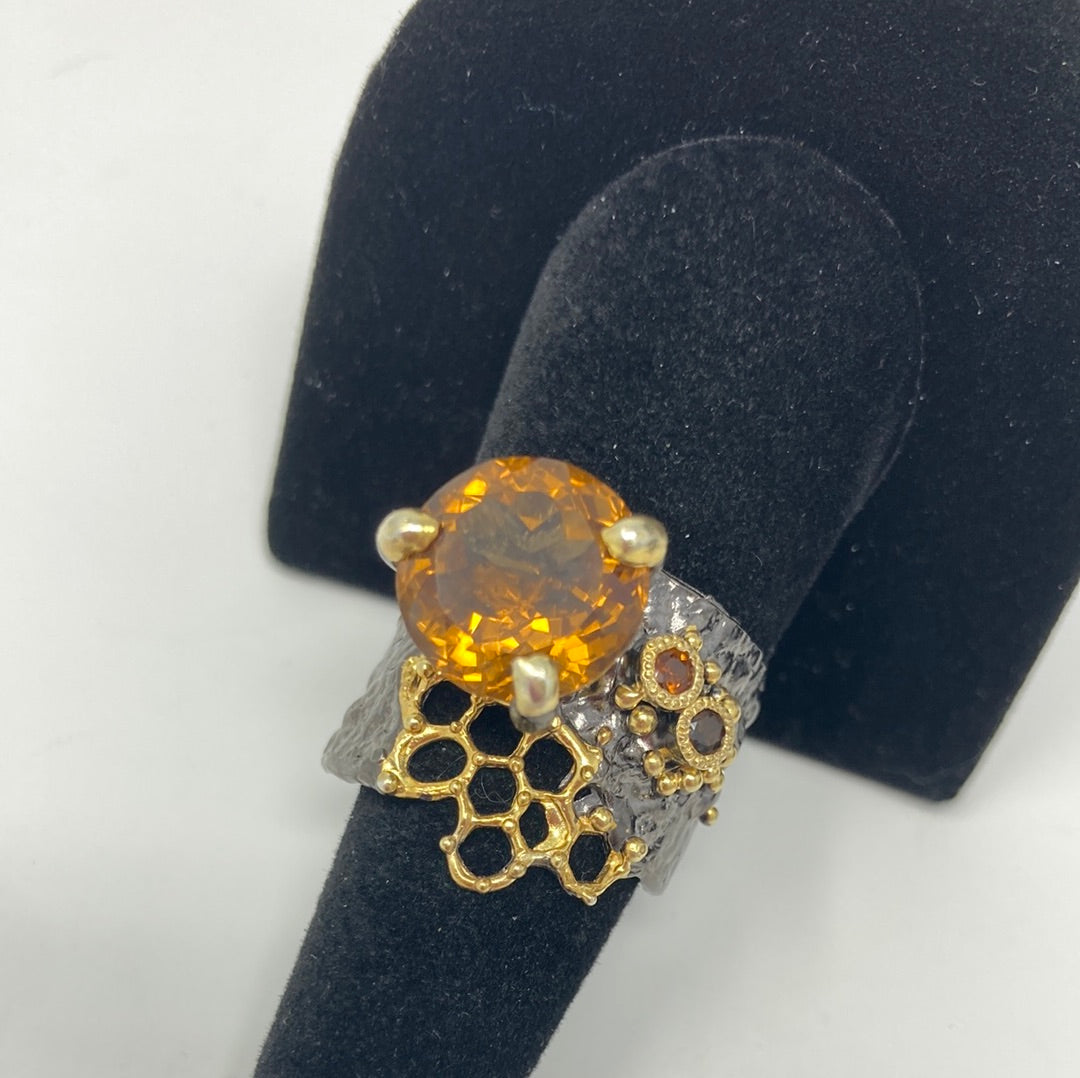 Genuine Cognac Quartz & Garnet Ring