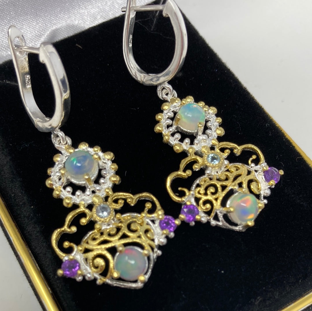 Genuine Fiery Opals and Amethyst Earrings