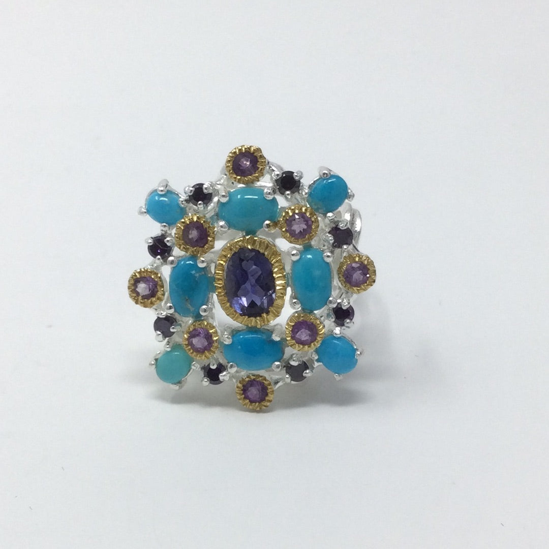 Special Unique Iolite & Turquoise Ring