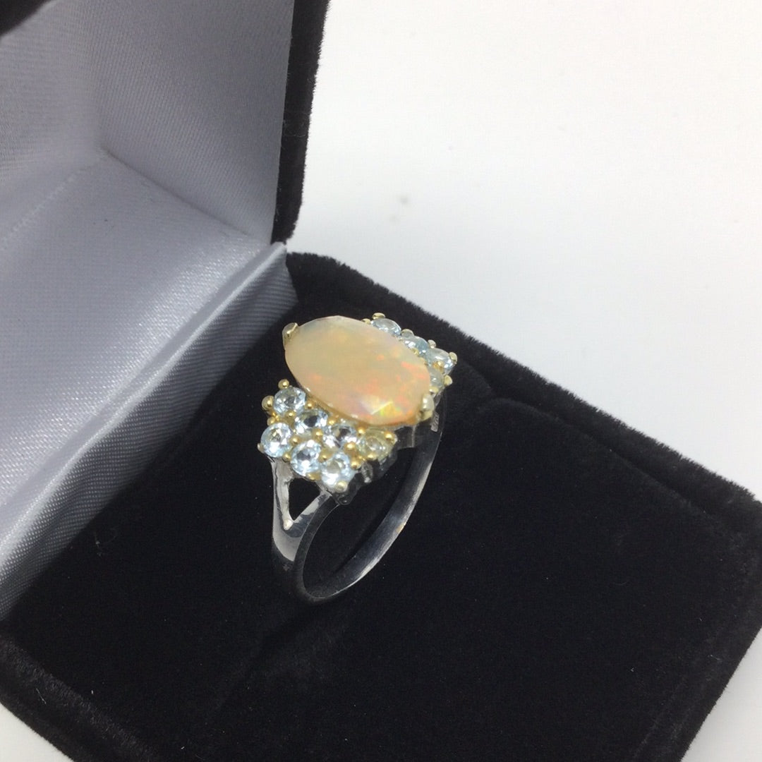 Faceted Fiery Opal and Topaz Ring