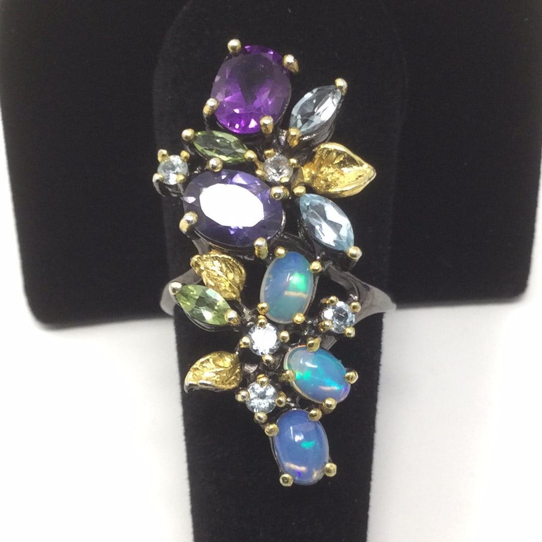 Exceptional Genuine Amethyst, Iolite, Opals & Gemstones Ring