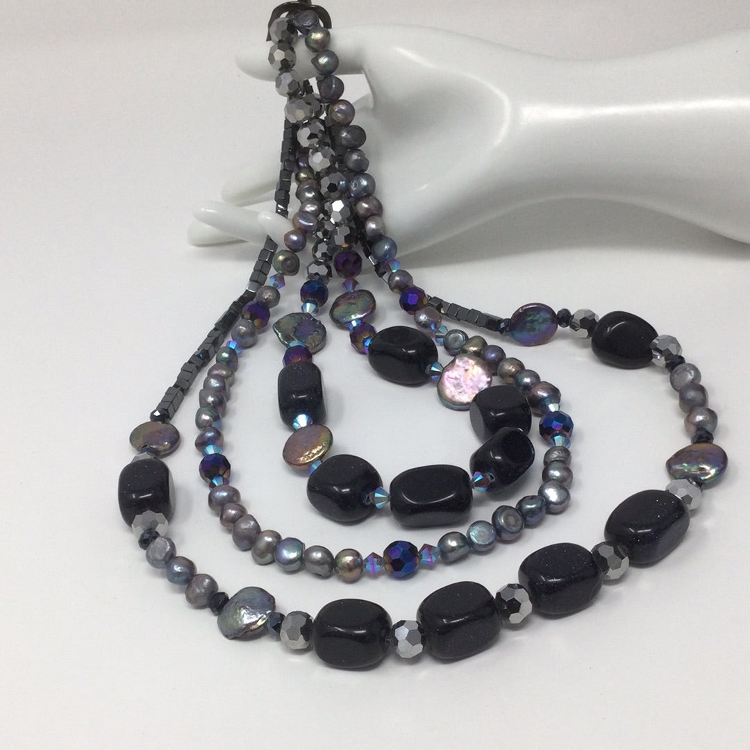 Starry Night Blue Goldstone & Freshwater Pearl Necklace | Handmade Artist Orginal