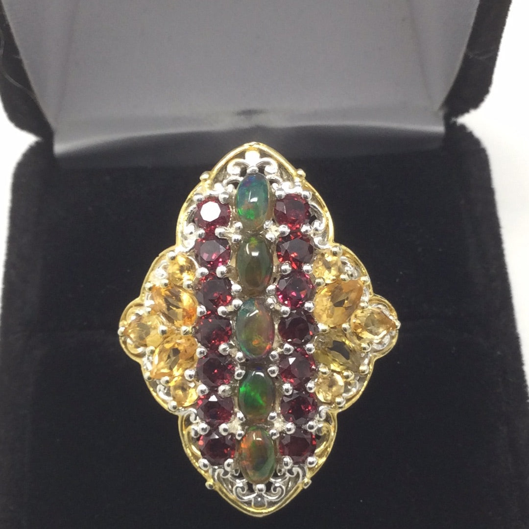 Genuine Black Opals & Garnet Ring