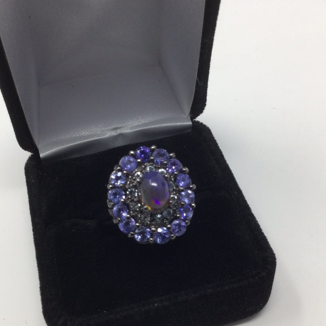 Genuine Black Opal & Tanzanite Ring