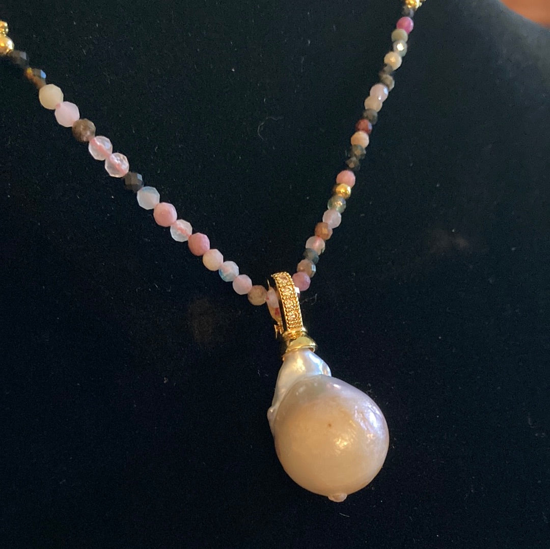 Genuine Baroque Pearl Necklace with Tourmalines