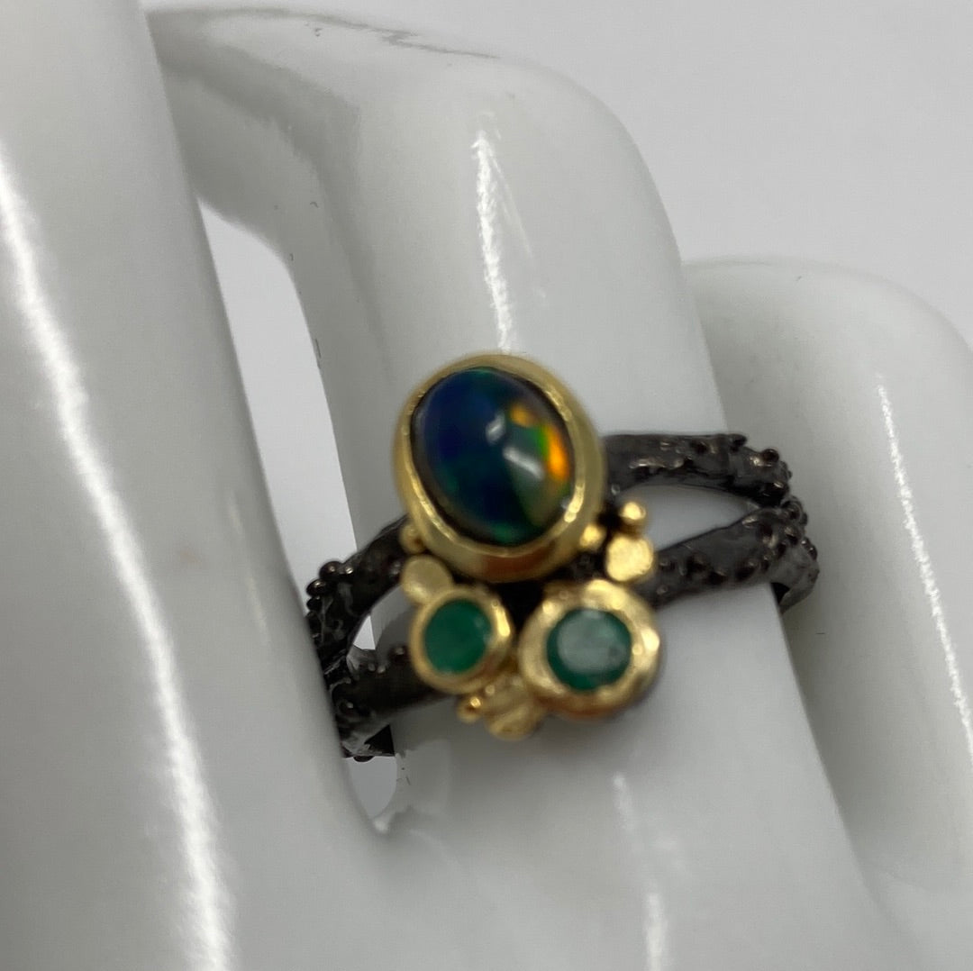 Genuine Black Opal & Emerald Ring