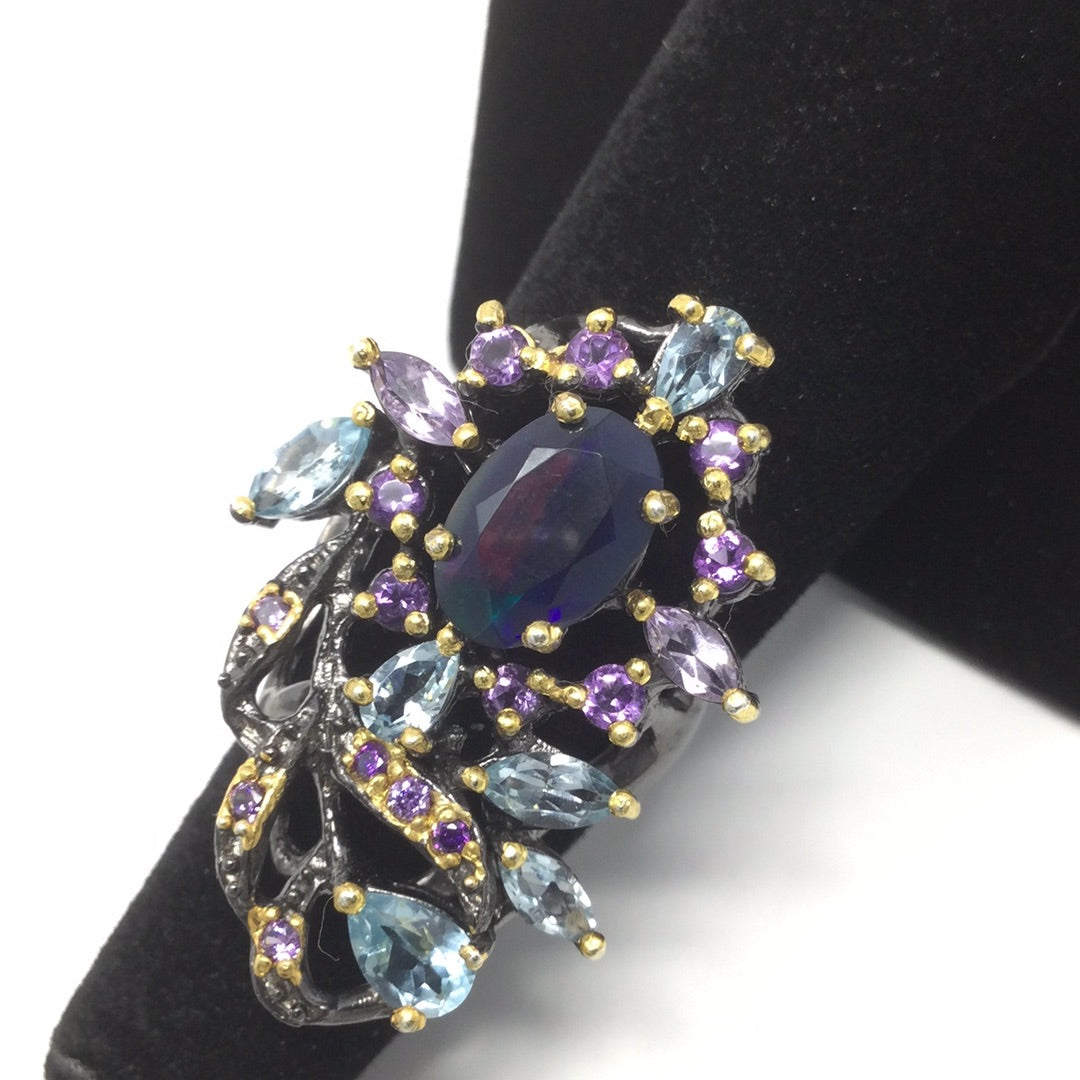 Genuine Black Opal with Topaz & Amethysts & Amethyst